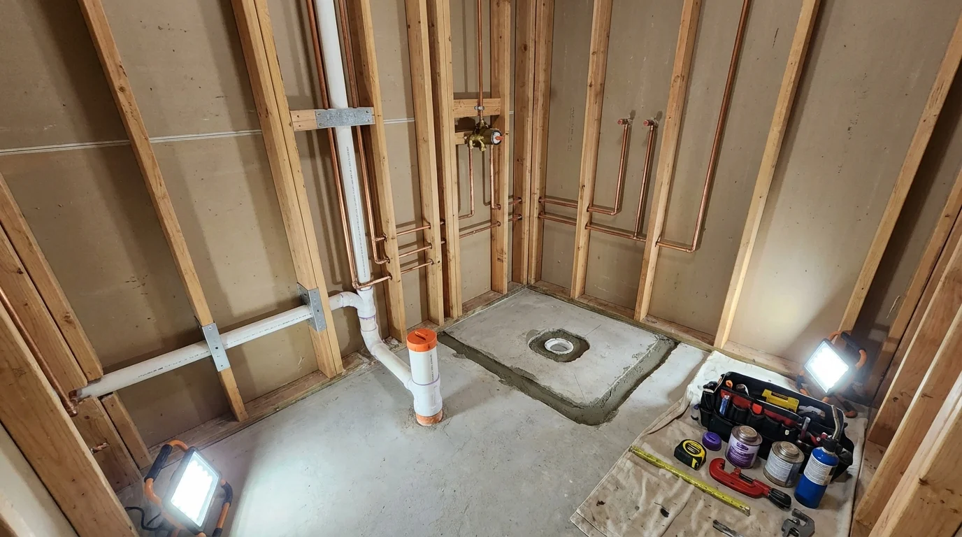 Bathroom rough-in plumbing during remodel by Johns Plumbing LLC in Carleton