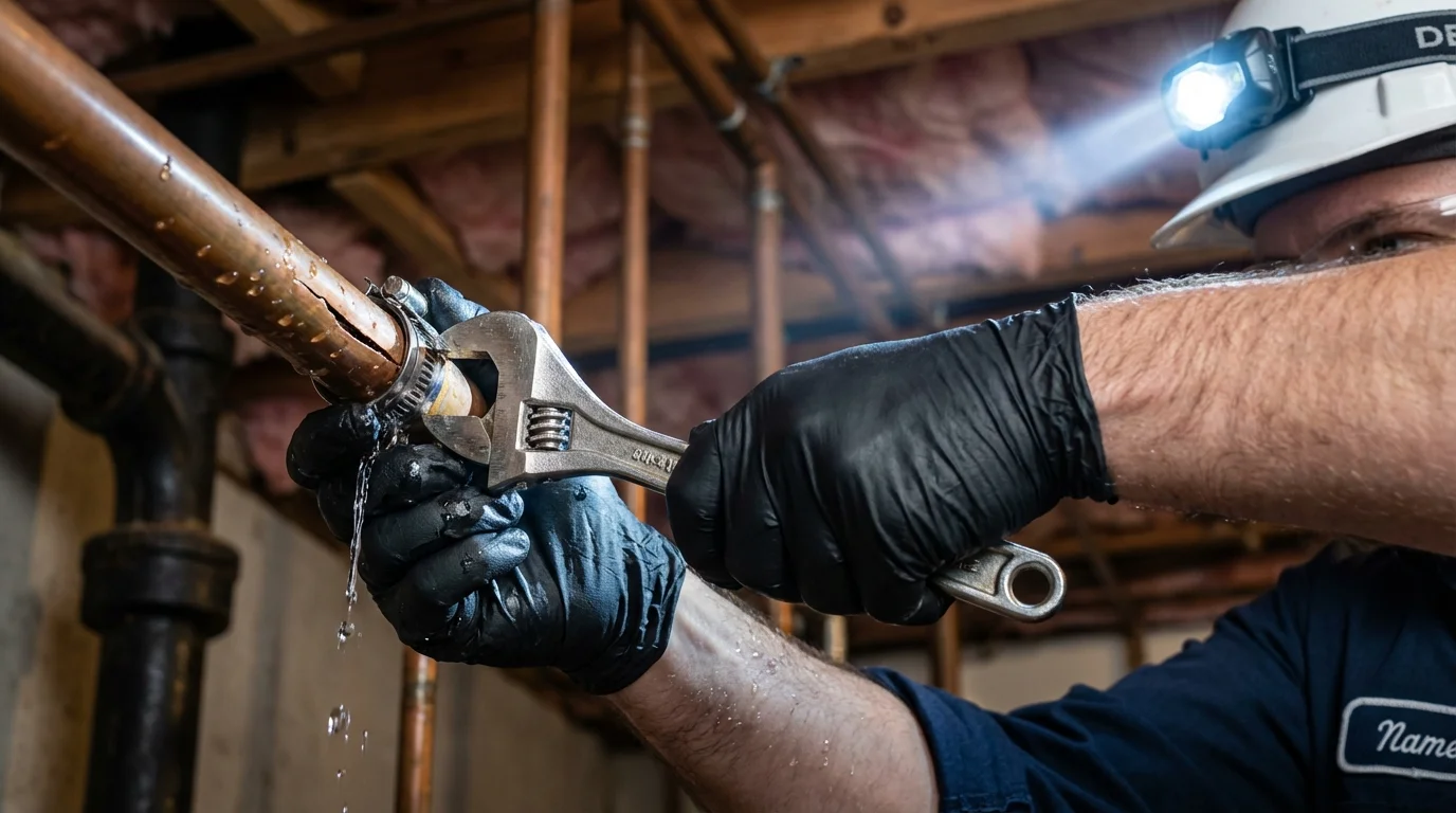 Emergency pipe clamp repair being performed by a Johns Plumbing LLC plumber in Carleton