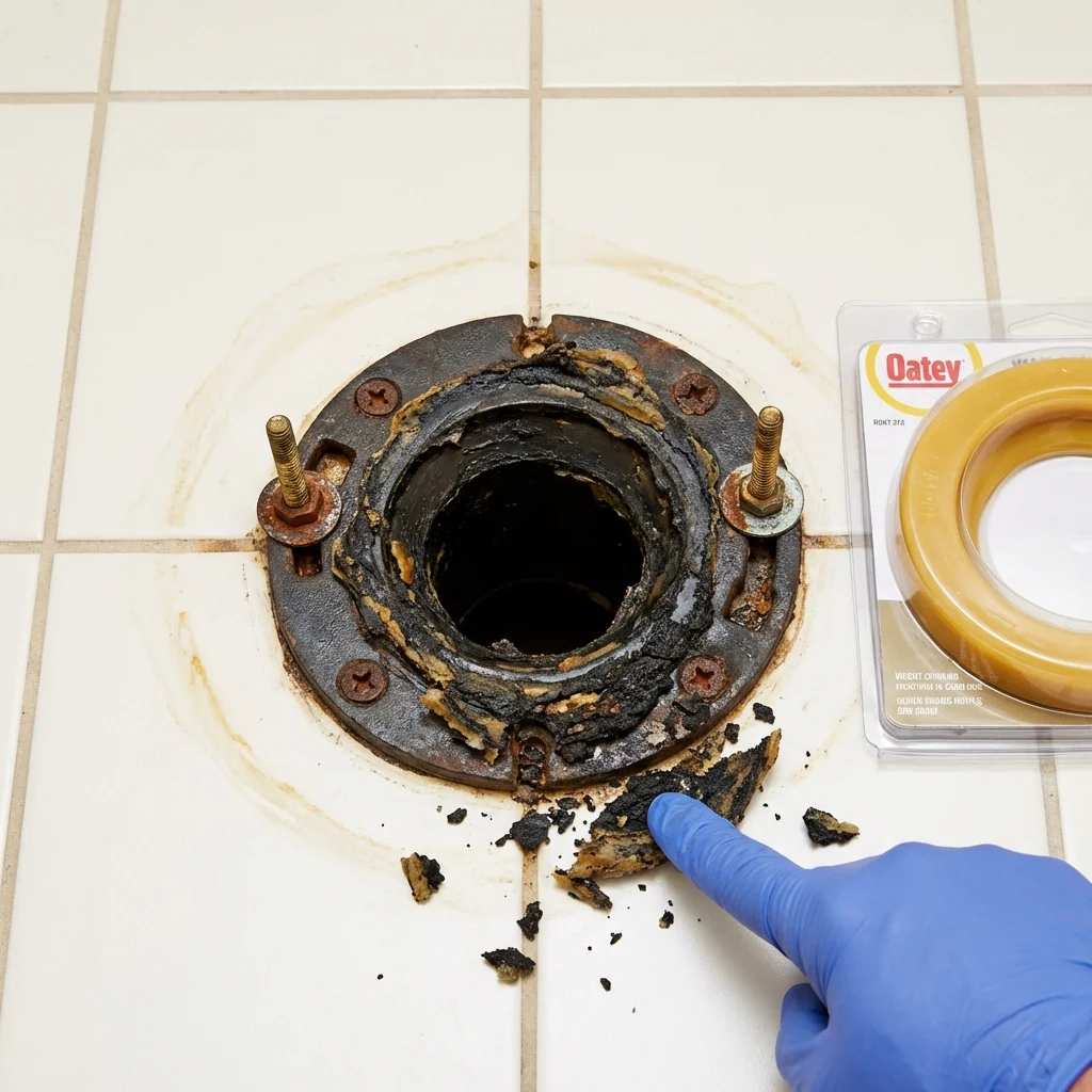 Failed wax ring showing water seepage at the base of a toilet in a Carleton, MI home