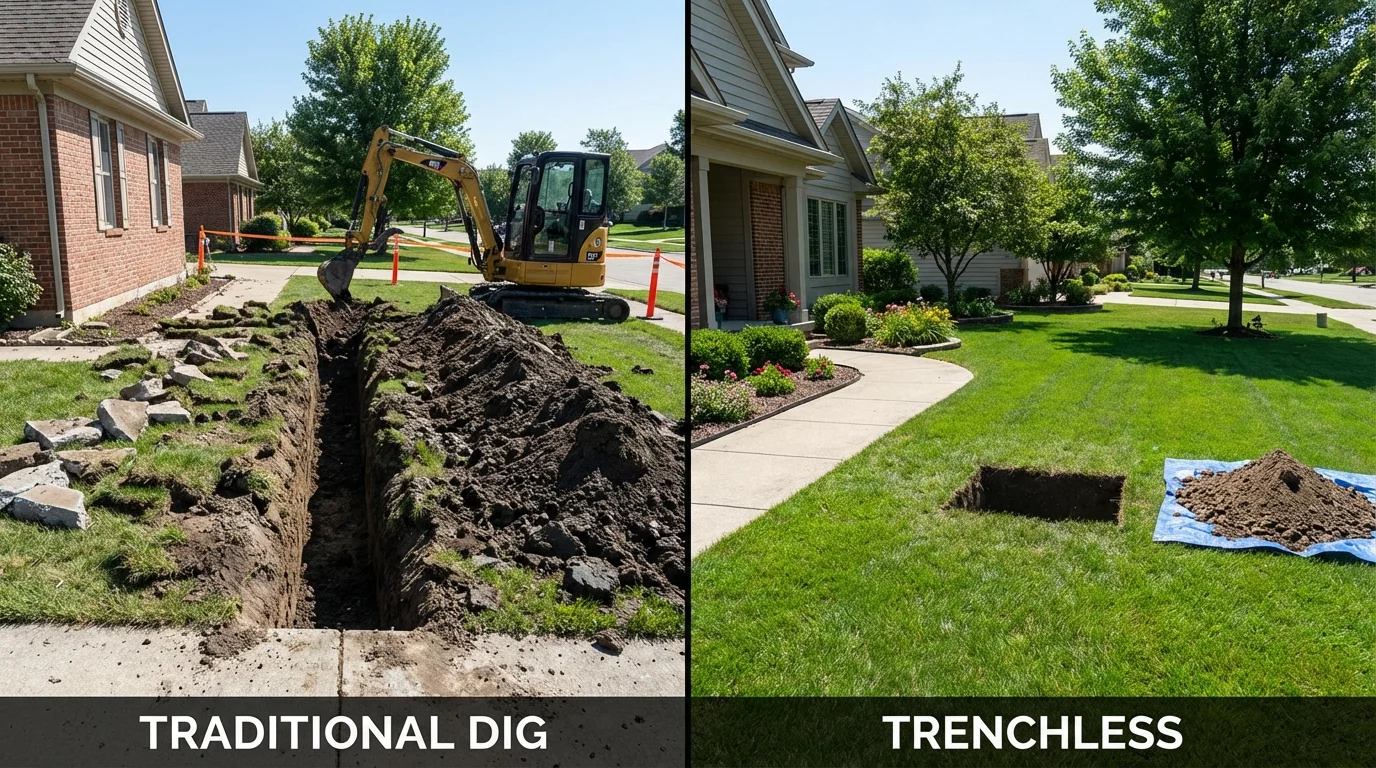 Trenchless sewer repair with minimal yard damage versus traditional excavation in Carleton, MI