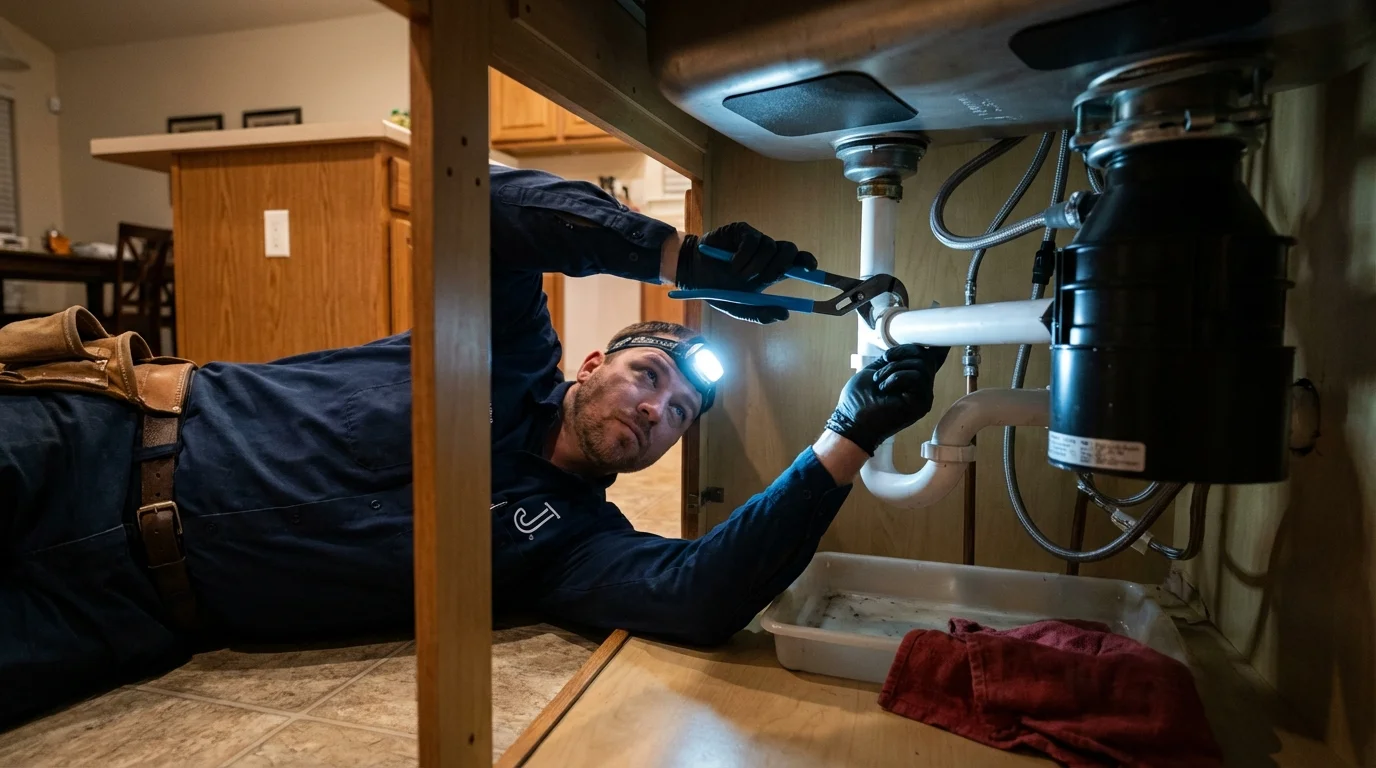 P-trap and supply line connections under a kitchen sink showing a common leak point in Carleton, MI
